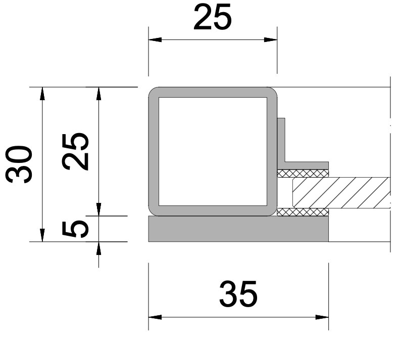 Schwarz-weiße technische Zeichnung eines Querschnitts mit einem quadratischen Hohlprofil und Maßangaben 25, 30, 35 und 5 Millimeter. Schwarz-weiße technische Zeichnung eines Querschnitts mit einem quadratischen Hohlprofil und Maßangaben 25, 30, 35 und 5 Millimeter.