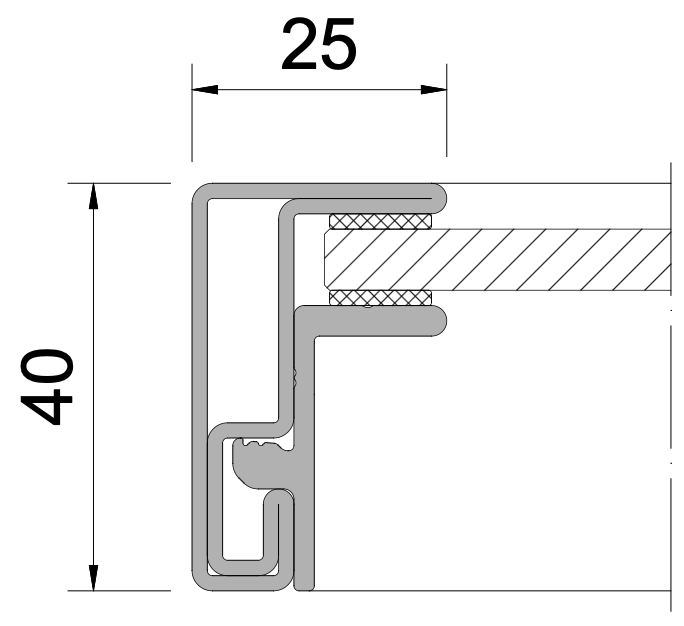 Technische Zeichnung eines Querschnitts mit zwei Maßangaben: 25 und 40 Einheiten, zeigt Profil mit Dichtung und Befestigung. Technische Zeichnung eines Querschnitts mit zwei Maßangaben: 25 und 40 Einheiten, zeigt Profil mit Dichtung und Befestigung.