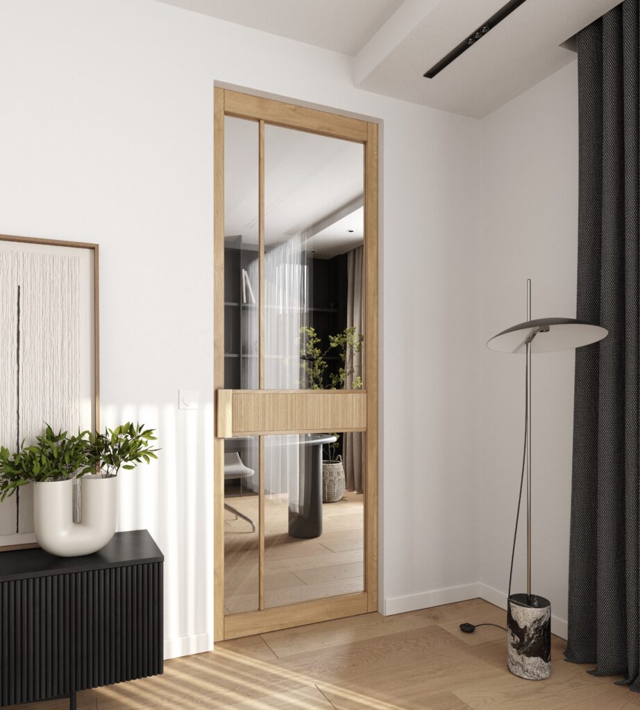 Holztür mit vier Glasfenstern in einem modernen Raum mit schwarzem Sideboard, weißer Vase mit Pflanze und Stehlampe mit Marmorfuß. Holztür mit vier Glasfenstern in einem modernen Raum mit schwarzem Sideboard, weißer Vase mit Pflanze und Stehlampe mit Marmorfuß.