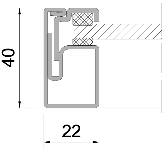 Schwarz-weiße technische Linienzeichnung eines Querschnitts mit zwei Dichtungen und Maßangaben 40 und 22 Millimeter. Schwarz-weiße technische Linienzeichnung eines Querschnitts mit zwei Dichtungen und Maßangaben 40 und 22 Millimeter.