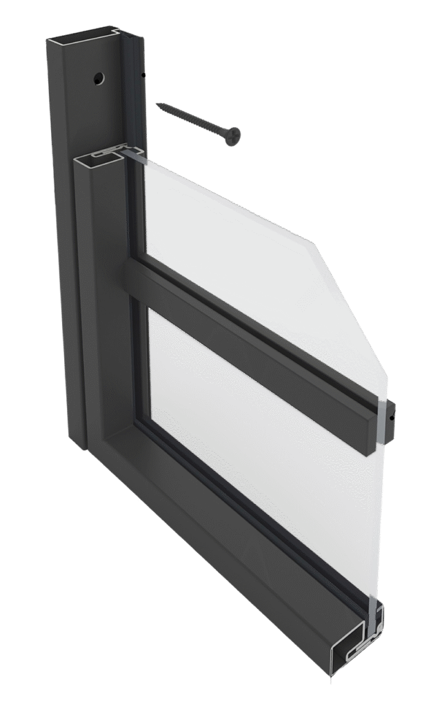 Querschnitt eines schwarzen Aluminiumfensters mit zweifach verglaster Scheibe und einer Schraube daneben. Querschnitt eines schwarzen Aluminiumfensters mit zweifach verglaster Scheibe und einer Schraube daneben.