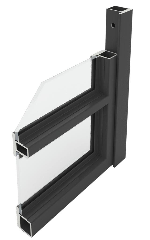 Querschnitt eines schwarzen Aluminiumfensters mit zweifach verglaster Scheibe und einer Schraube daneben. Querschnitt eines schwarzen Aluminiumfensters mit zweifach verglaster Scheibe und einer Schraube daneben.