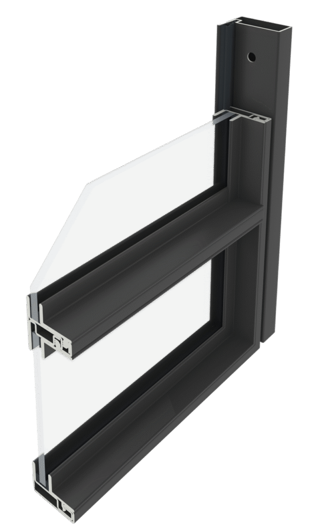 Querschnitt eines schwarzen Aluminiumfensters mit zweifacher Verglasung und rechteckigem Profil. Querschnitt eines schwarzen Aluminiumfensters mit zweifacher Verglasung und rechteckigem Profil.