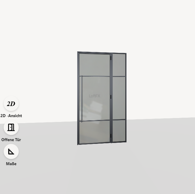Schwarze Glastür mit Rahmen, mittig geteilt, vor hellgrauem Hintergrund, links Symbole mit Text ‚2D-Ansicht‘, ‚Offene Tür‘, ‚Maße‘. Schwarze Glastür mit Rahmen, mittig geteilt, vor hellgrauem Hintergrund, links Symbole mit Text '2D-Ansicht', 'Offene Tür', 'Maße'.